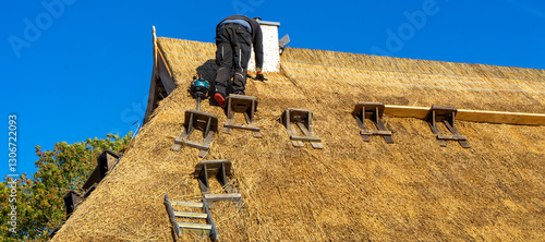 Obraz na płótnie Panorama Thatched roof is being renovated on a house in the north of Germany w salonie