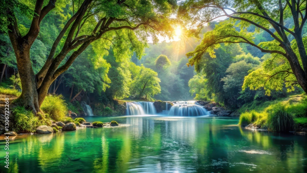 Serene River Landscape with Trees and Waterfall, trees, peaceful, trees, peaceful, nature, forest, landscape Serene River Landscape with Trees and Waterfall, trees, peaceful, trees, peaceful, nature, forest, landscape
