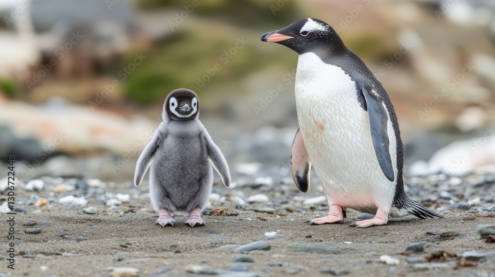 Naklejka premium A baby penguin with soft gray down feathers standing near an adult.