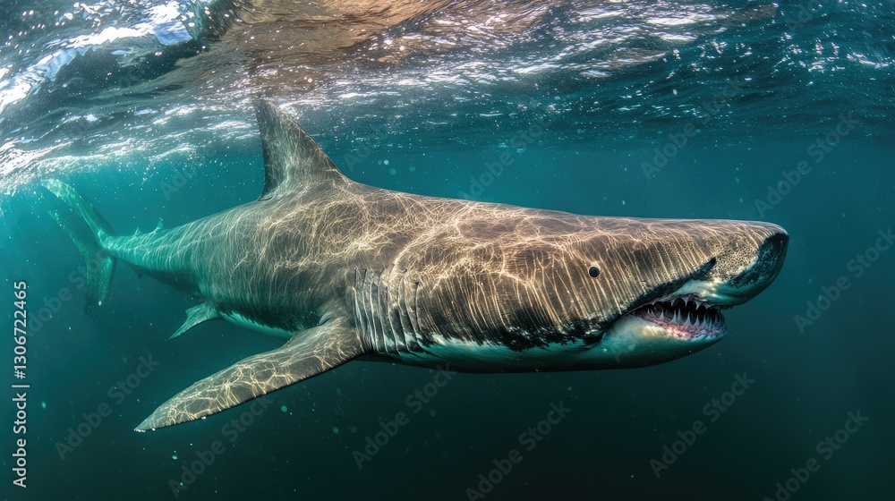 Fototapeta premium A basking shark peacefully gliding through plankton-rich waters.