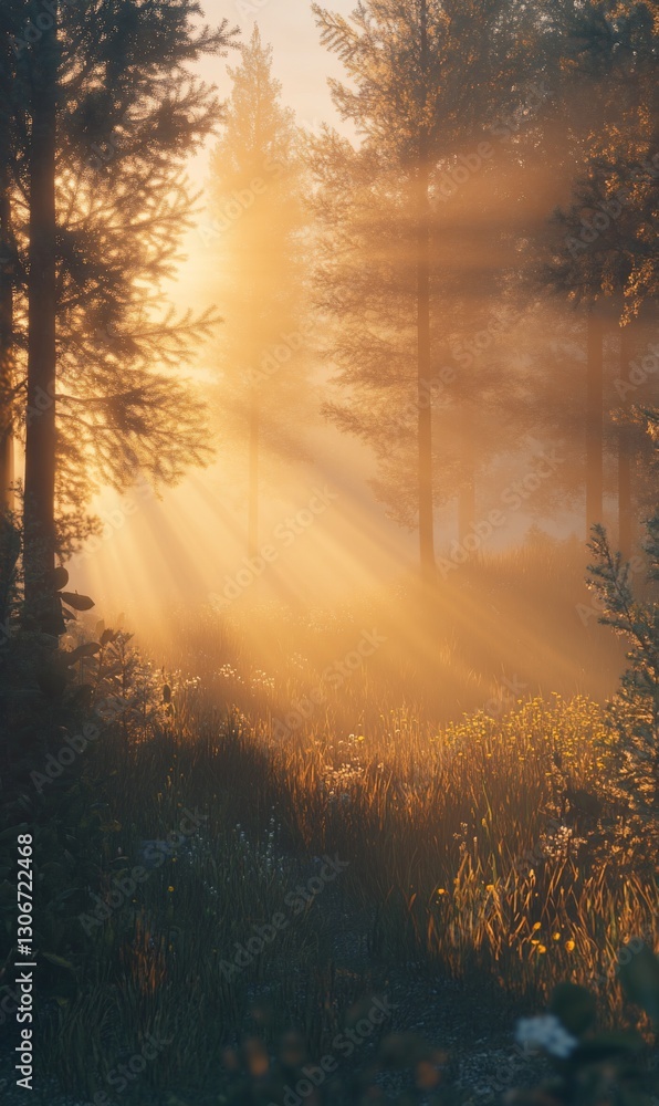 Fototapeta premium Sunbeams pierce misty forest at dawn (2)