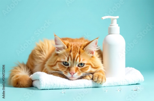 Fluffy ginger cat lies on a white towel, bottles of shampoo stand nearby. Animal hygiene concept.