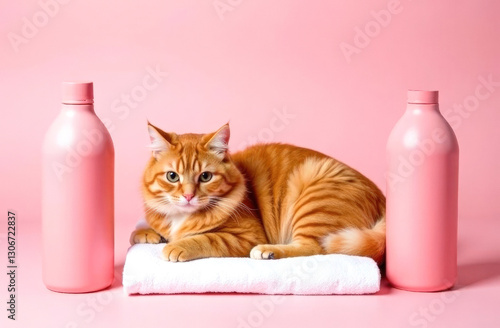 Fluffy ginger cat lies on a white towel, bottles of shampoo stand nearby. Animal hygiene concept.