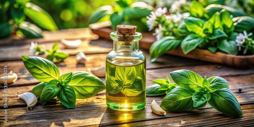 Aerial view of organic basil oil in a glass bottle. Fragrant flowers and a wooden board complete the scene. Aerial view of organic basil oil in a glass bottle. Fragrant flowers and a wooden board complete the scene.