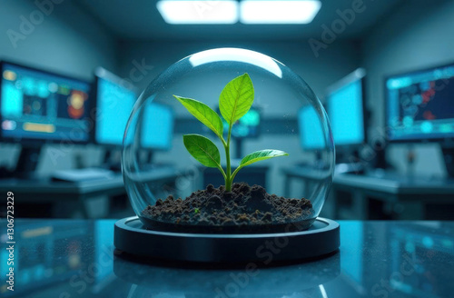 Green plant growing inside glass dome against background of scientific laboratory with monitors. Earth protection concept.