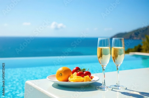 Champagne glasses and fruit plate with sea view. Vacation concept.