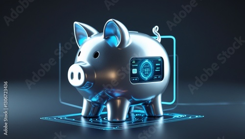 A glowing piggy bank with a futuristic digital deposit system, concept of savings, 3D-rendered