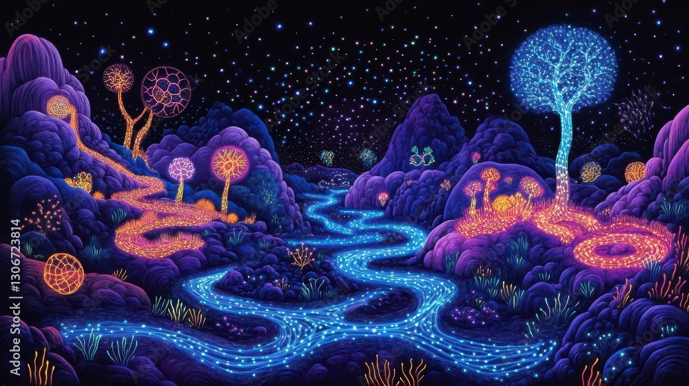 Obraz premium Create a dreamlike landscape with glowing neural pathways intertwining like rivers, vibrant bioluminescent hues, intricate details