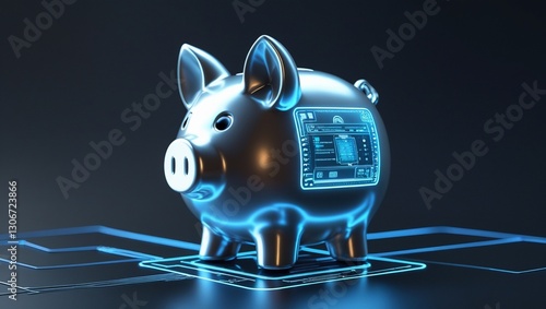 A glowing piggy bank with a futuristic digital deposit system, concept of savings, 3D-rendered