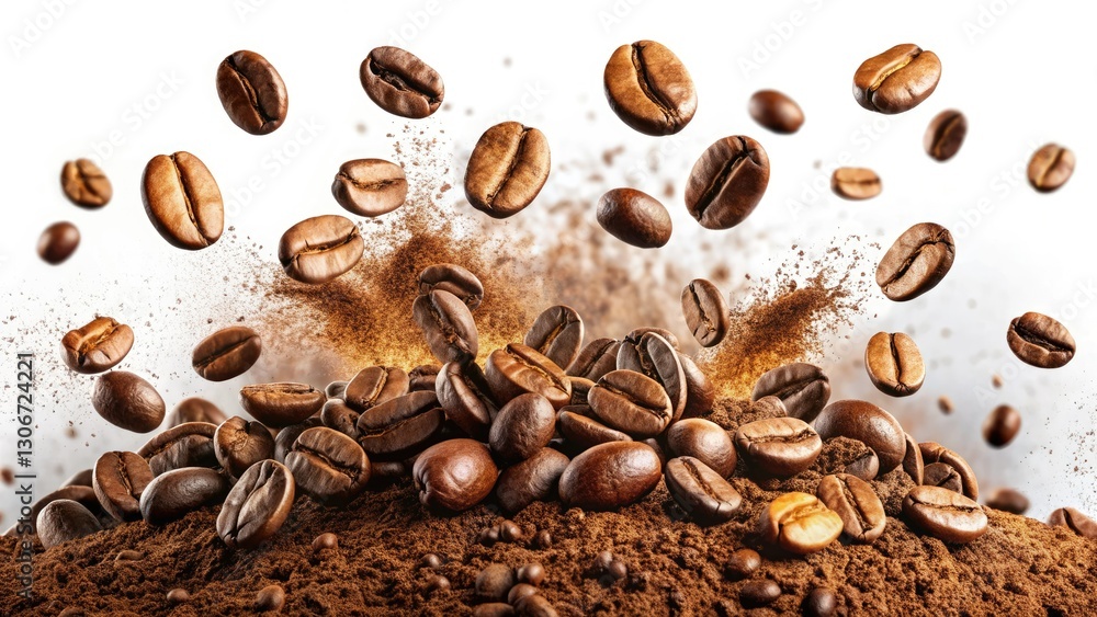 Airy coffee beans and powder fall gracefully, captured in high-resolution against a pure white background. Airy coffee beans and powder fall gracefully, captured in high-resolution against a pure white background.
