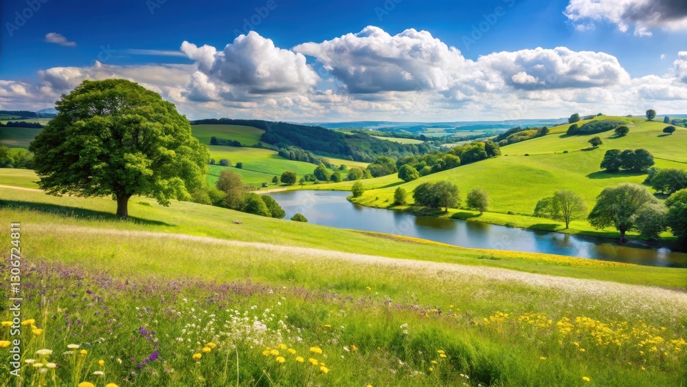 Obraz premium Rolling hills of green grass and wildflowers in a picturesque English countryside landscape, with a few trees and a distant lake, on a warm summer day , hills, wildflowers