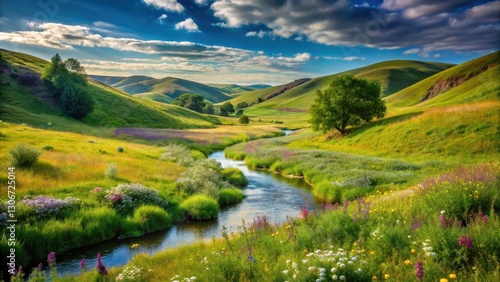 Wallpaper Mural Secluded valley surrounded by undulating grasslands with wildflowers and trees stretching towards the horizon, with a gentle stream running through it , peaceful atmosphere, rolling hills Torontodigital.ca