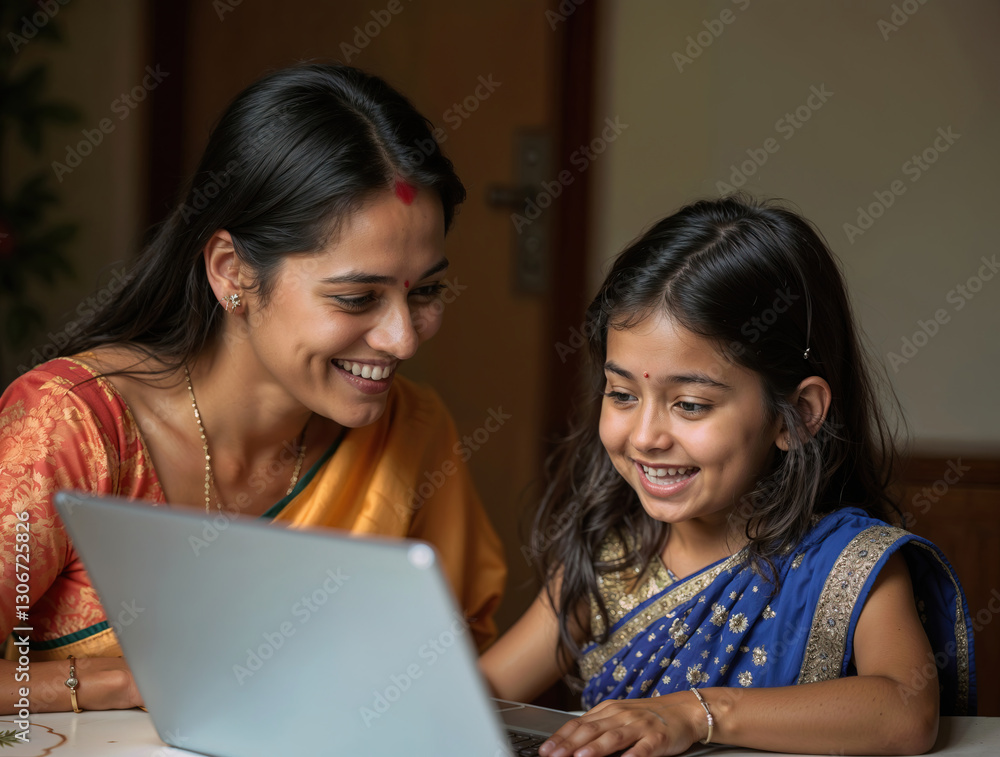 A warm and joyful scene of an Indian mother in saree costume and her child engaged in home work, using a laptop for interactive learning, showcasing a modern, educational lifestyle A warm and joyful scene of an Indian mother in saree costume and her child engaged in home work, using a laptop for interactive learning, showcasing a modern, educational lifestyle