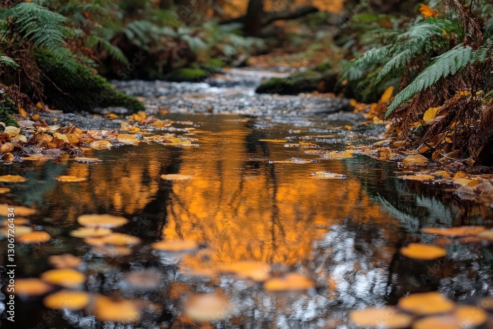 Fototapeta premium vibrant autumn forest, showcasing a clear stream reflecting orange and gold hues of the foliage