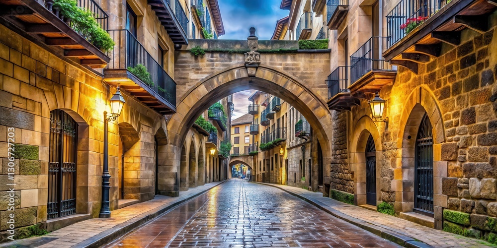 Naklejka premium Bridge over medieval street in San Sebastian old town , Gothic arches