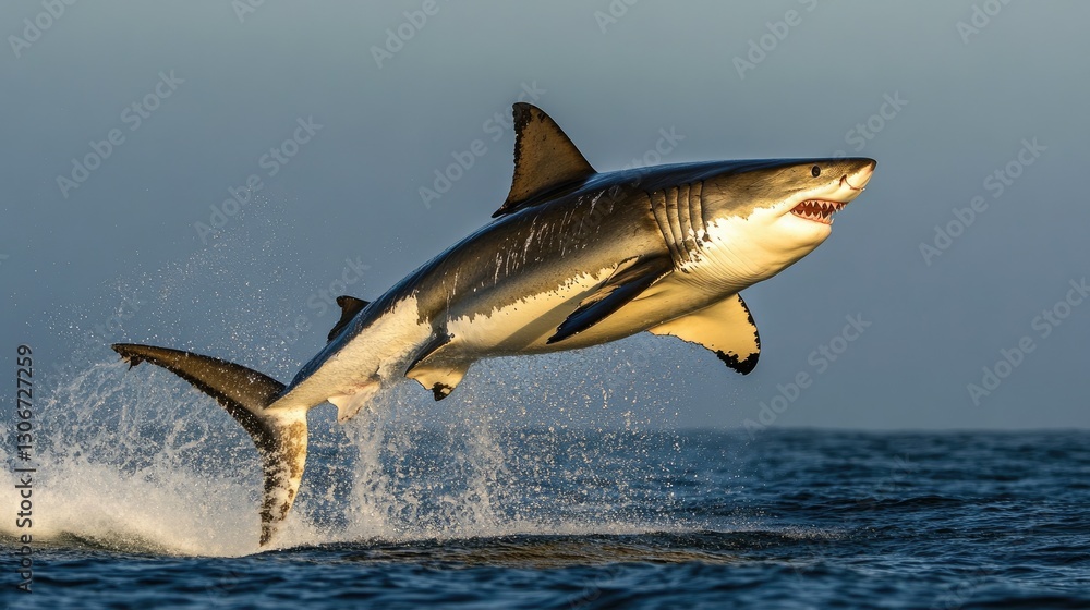 Fototapeta premium A great white shark breaching the surface, water spraying around it.