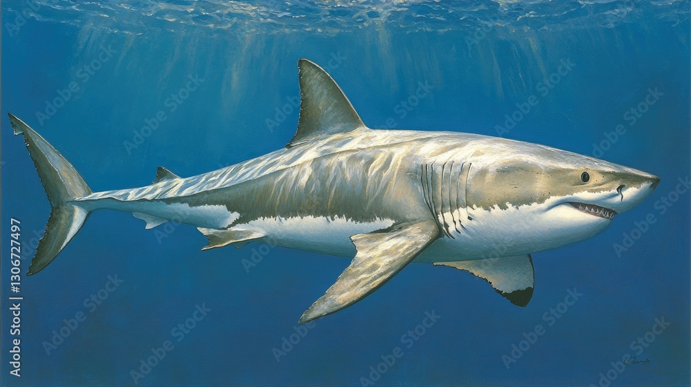 Fototapeta premium A great white shark swimming through the deep blue ocean, sunlight filtering from above.