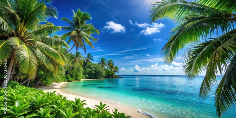 Fototapeta premium Serene beach with dense foliage of palm trees and lush greenery, set against a bright blue ocean backdrop, calm sea