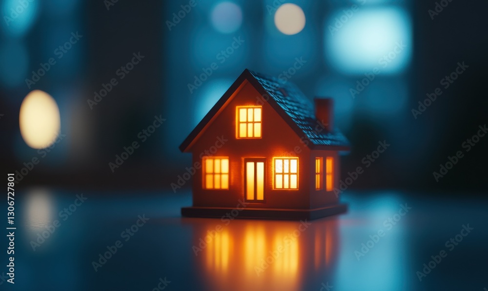 Miniature house glows warmly in a softly blurred background. Miniature house glows warmly in a softly blurred background.