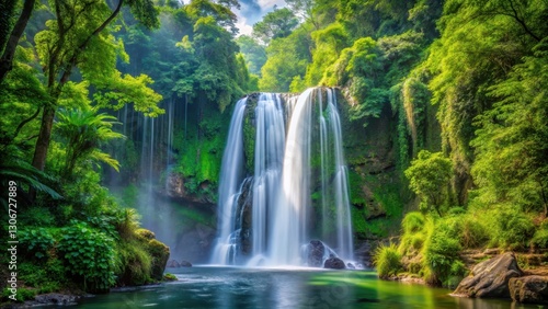 Majestic waterfall cascading through dense foliage amidst towering trees and vibrant greenery, creating a serene atmosphere in a breathtaking natural setting, cascade, atmosphere