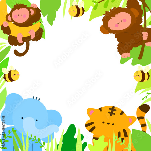 jungle animals frame with elephant, tiger, monkeys, and bee, wildlife border flat vector illustration