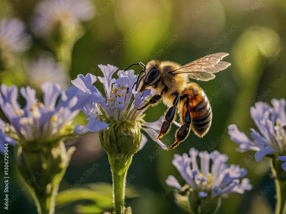 Bee pollinating a flower in a lush field, close-up. Bee pollinating a flower in a lush field, close-up.