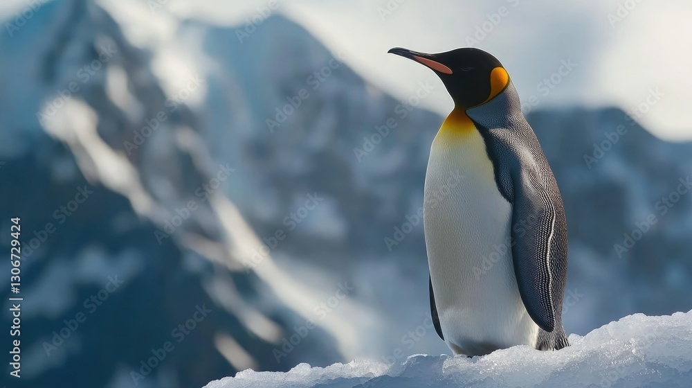 Fototapeta premium A King penguin standing proudly on a glacier, overlooking the sea.