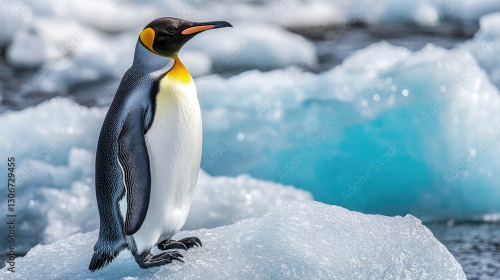 Fototapeta premium A King penguin standing proudly on a glacier, overlooking the sea.