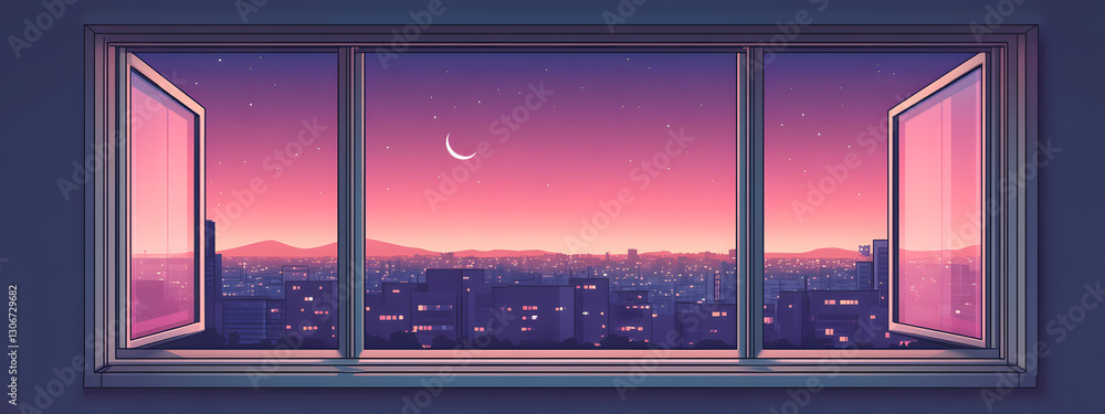 Minimalist lo-fi aesthetic anime window with city view at night
Minimalist lo-fi aesthetic anime window with city view at night