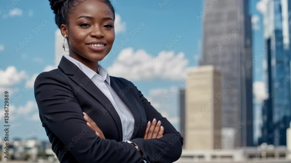 Confident businesswoman poses in urban skyline against bright blue sky