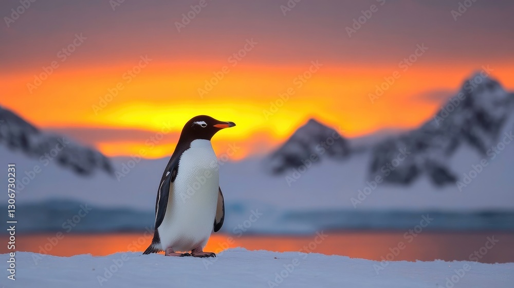 Fototapeta premium A lone penguin standing against a golden sunrise over the Antarctic.