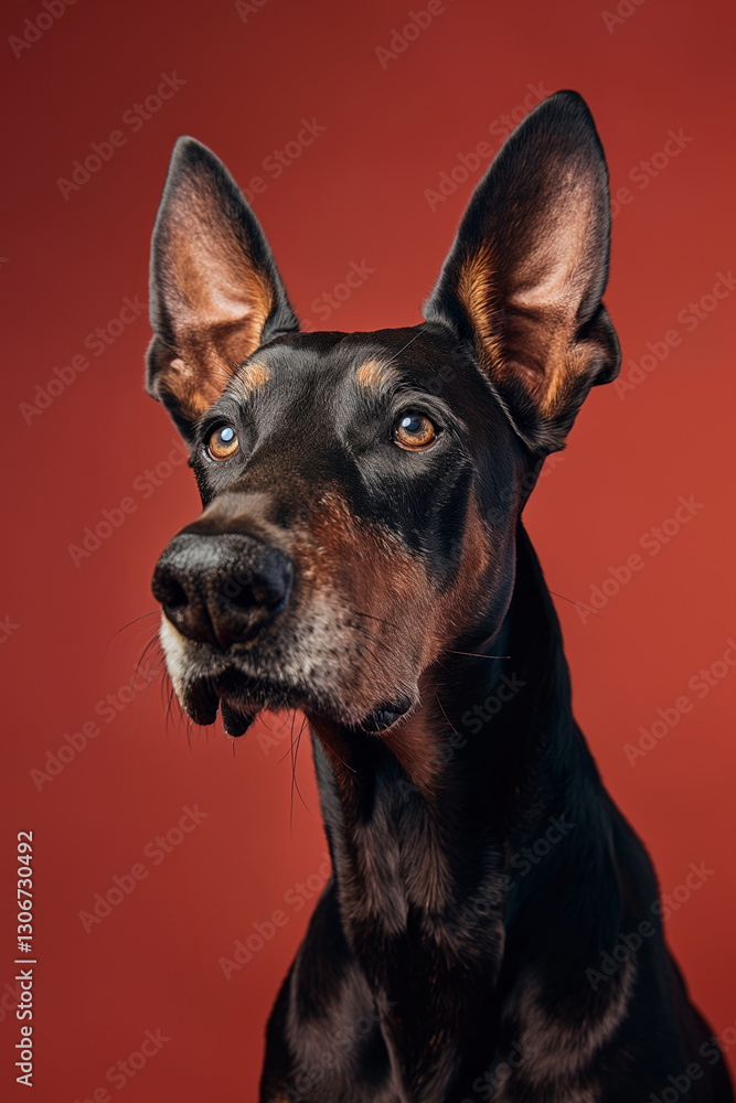 Obraz premium Doberman Pinscher dog on minimalistic colorful background with Copy Space. Perfect for banners, veterinary ads, pet food promotions, and minimalist designs.