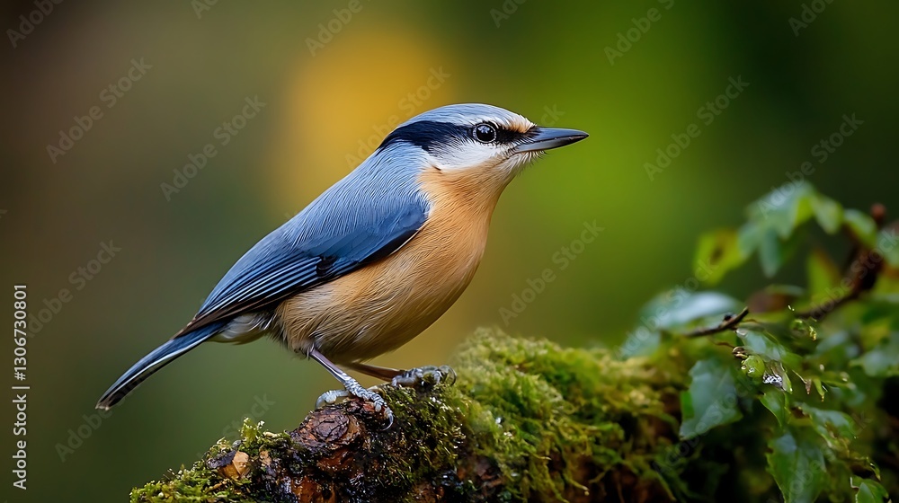 Obraz premium small nuthatch bird sitting on branch in forest capturing wildlife beauty avian detail and peaceful natural habitat scene