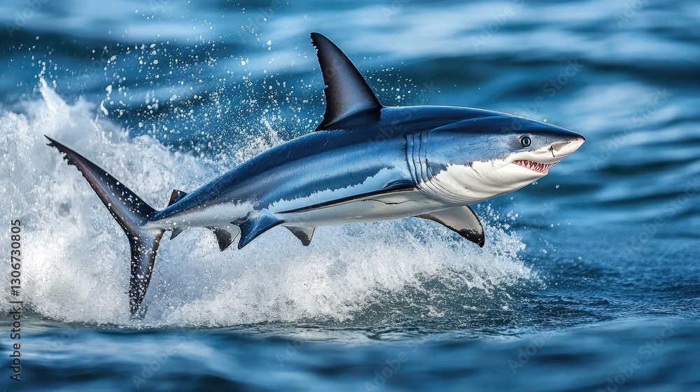 Obraz premium A mako shark leaping out of the water, its streamlined body in full display.