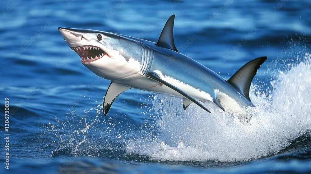 Fototapeta premium A mako shark leaping out of the water, its streamlined body in full display.