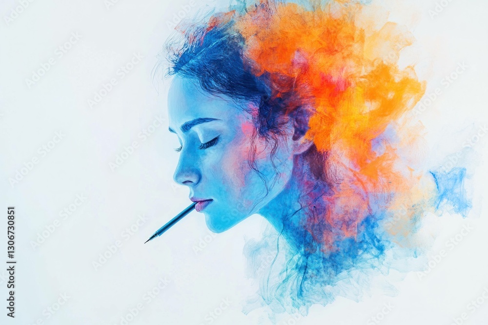Obraz premium A young woman with a creative spirit, surrounded by a vibrant blend of orange and blue watercolor splashes, evoking inspiration and artistic expression
