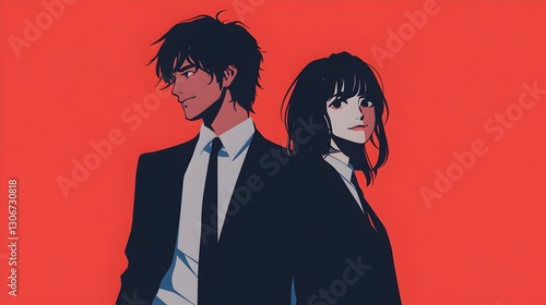 赤い背景に一緒に笑っているスーツを着たアニメカップル