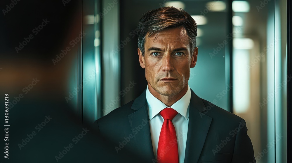Fototapeta premium Serious Man in Suit with Red Tie Facing Elevator Reflection