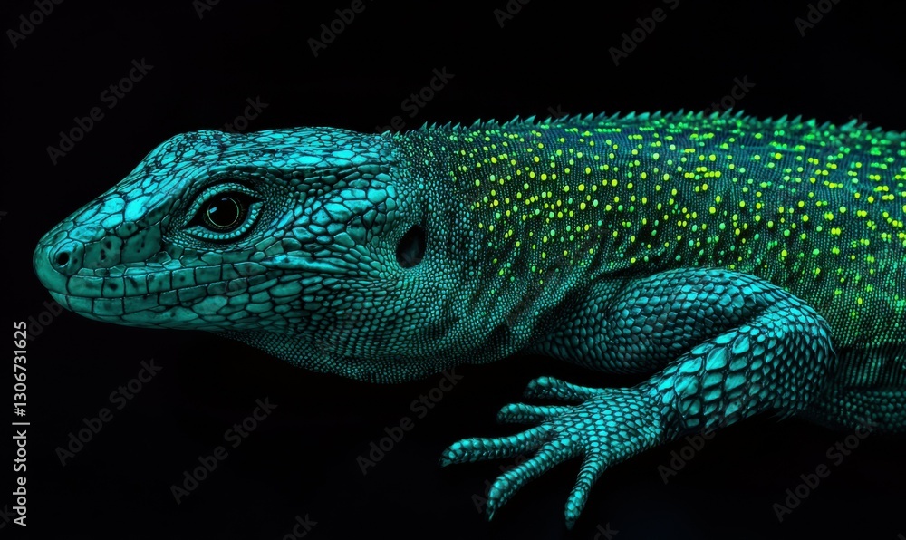 Obraz premium Close-up of a vibrant green lizard illuminated by gradient light showcasing intricate scales and dynamic patterns .