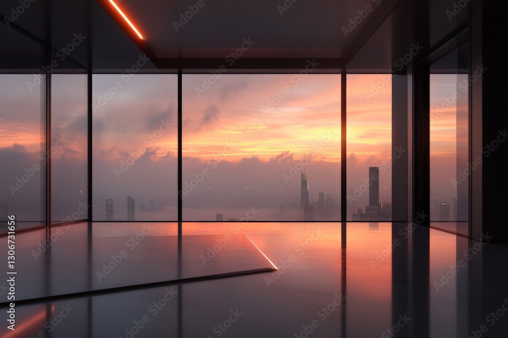 Fototapeta premium A modern lounge area with large windows showcases a breathtaking sunset view over the city, blending luxury and urban lifestyle in a serene and stylish setting.