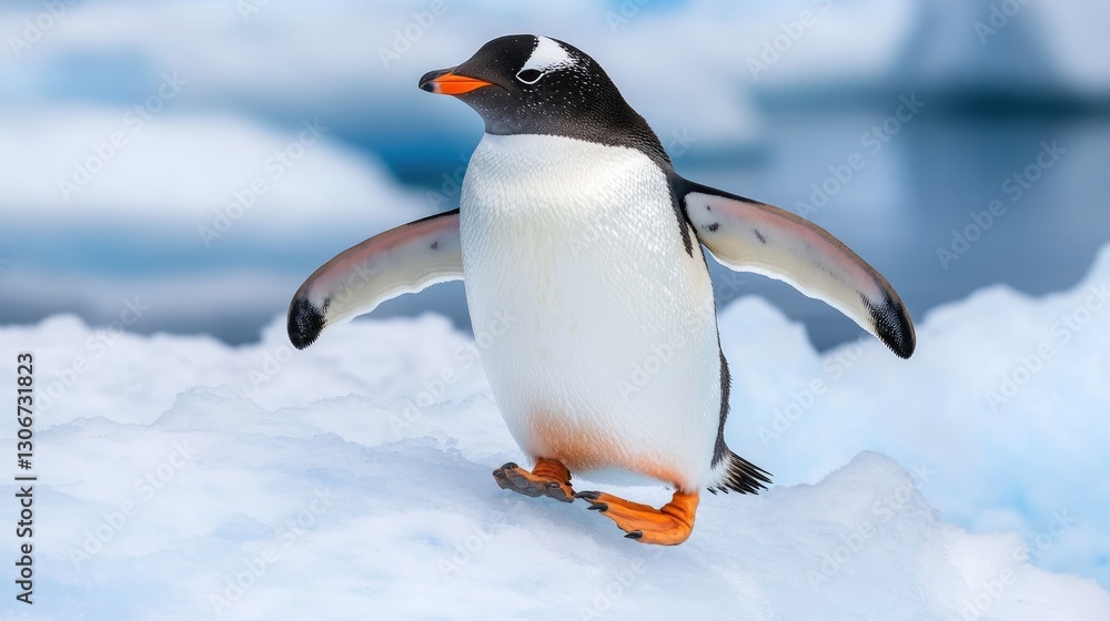 Obraz premium A penguin stretching its flippers while standing on an icy peak.