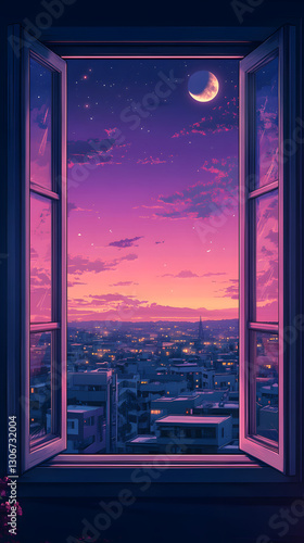 Minimalist lo-fi aesthetic anime window with city view at night
