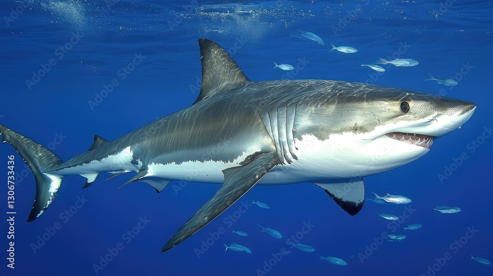 Fototapeta premium A shark moving in perfect harmony with a school of fish swimming nearby.