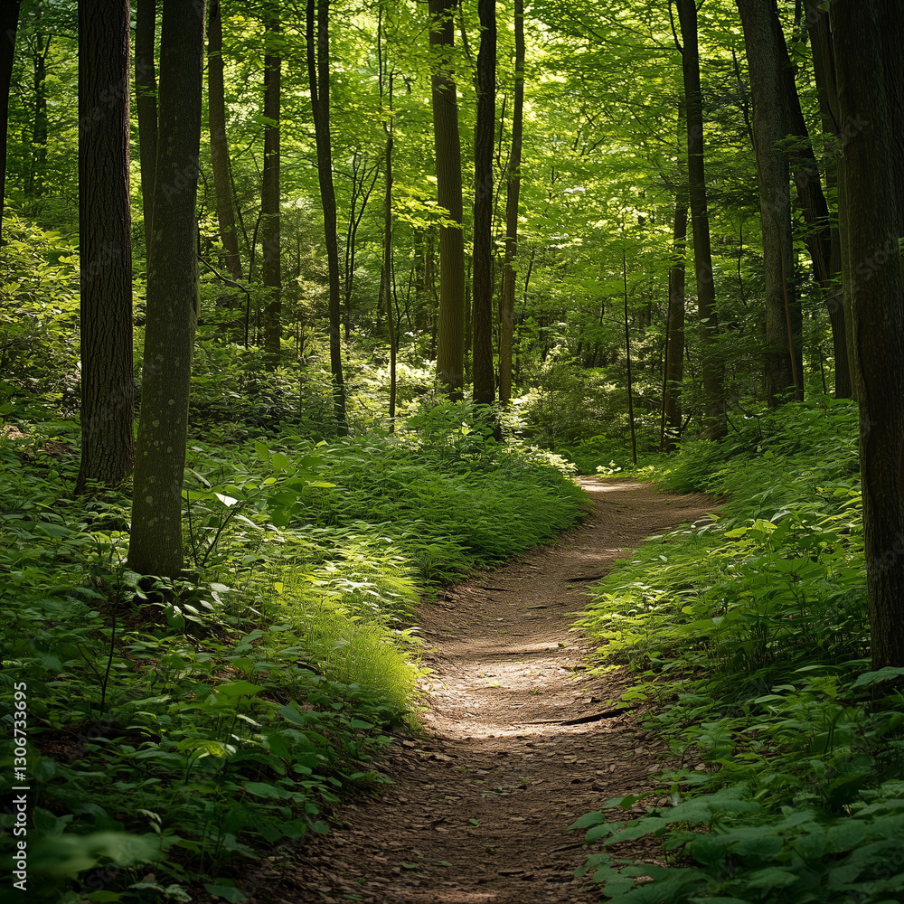Tranquil Forest Pathway Surrounded by Towering Majestic Trees with Soft Sunlight and Lush Greenery Creating a Peaceful Nature Escape footpath in the woods Tranquil Forest Pathway Surrounded by Towering Majestic Trees with Soft Sunlight and Lush Greenery Creating a Peaceful Nature Escape footpath in the woods