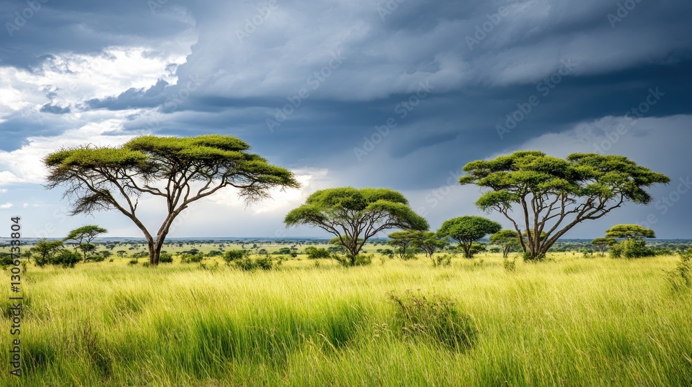African savanna landscape with acacia trees under a dramatic sky. African savanna landscape with acacia trees under a dramatic sky.