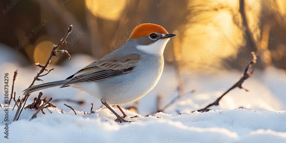 Fototapeta premium Single Bird Walking on Snowy Path with Frosty Landscape in Winter