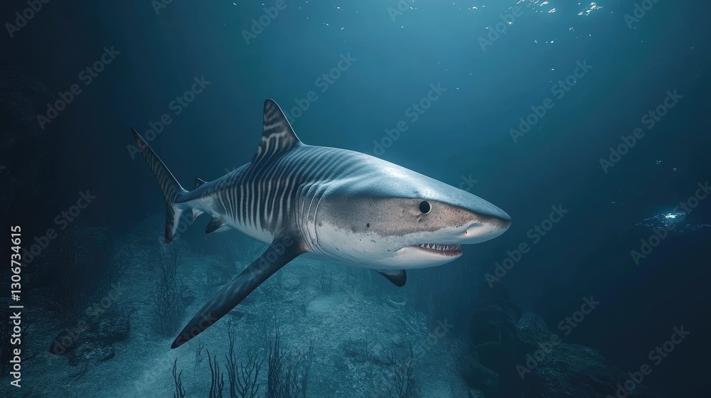 Naklejka premium A tiger shark patrolling the ocean floor, its stripes visible in the clear water.