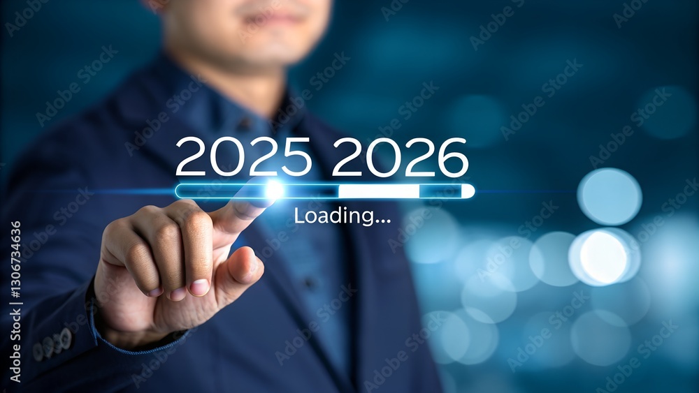 Progress and transition from 2025to 2026 concept. A person pointing to loading bar transitioning from 2025to 2026, progress, future planning, and new year goals. annual planning and business growth. Progress and transition from 2025to 2026 concept. A person pointing to loading bar transitioning from 2025to 2026, progress, future planning, and new year goals. annual planning and business growth.
