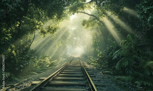 Endless railway track surrounded by lush green forest, soft sunlight breaking through the dense canopy, creating a serene and mysterious journey-like scene