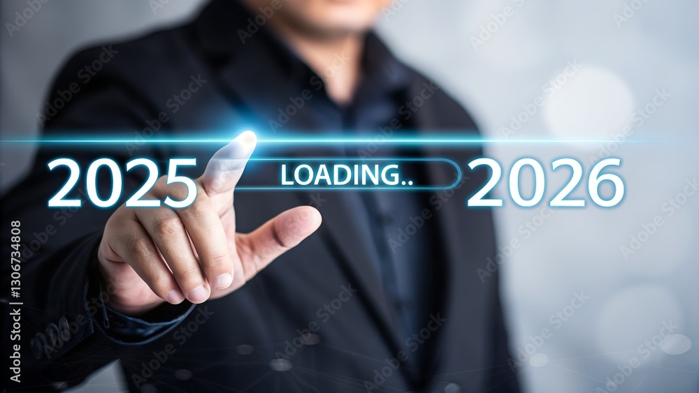 Progress and transition from 2025to 2026 concept. A person pointing to loading bar transitioning from 2025to 2026, progress, future planning, and new year goals. annual planning and business growth. Progress and transition from 2025to 2026 concept. A person pointing to loading bar transitioning from 2025to 2026, progress, future planning, and new year goals. annual planning and business growth.